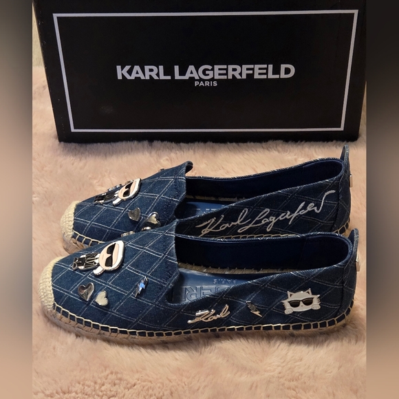 Karl Lagerfeld Paris Women's Michaela embellished espadrille flats in blue denim - Picture 2 of 6